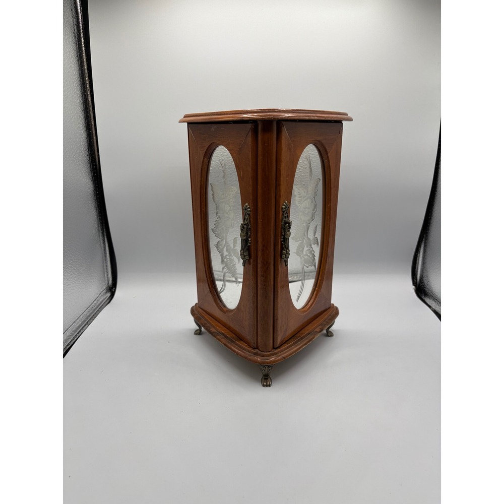 Vintage Wooden Jewelry Armoire Etched Glass Corner Cabinet Mirrored Claw Feet